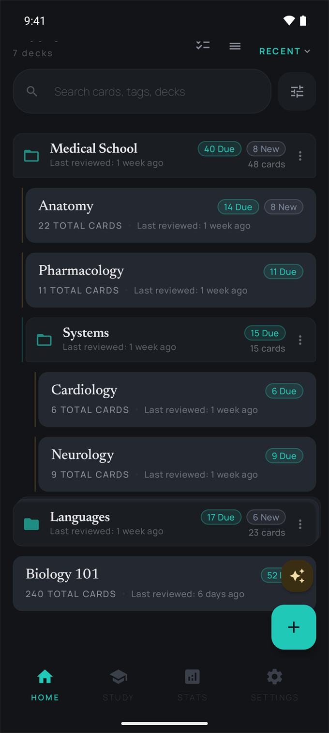 Etch's deck list — folders nested inside folders (Medical School containing a Systems sub-folder with Cardiology and Neurology), each deck showing its due count and, on a couple, new cards.